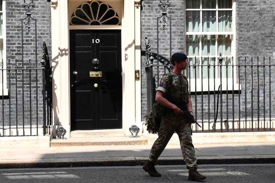  A soldier patrols outside Downing Street after the army was deployed following the terror threat level increase