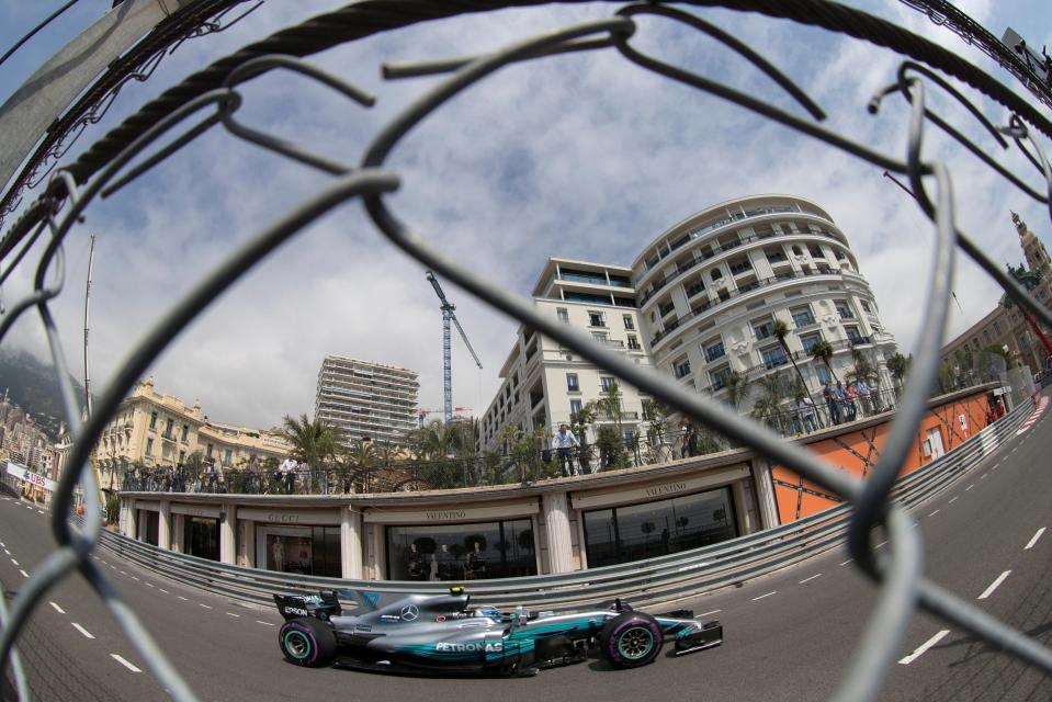  Fisheye view of Valtteri Bottas of Mercedes AMG GP in action on the streets of Monte Carlo