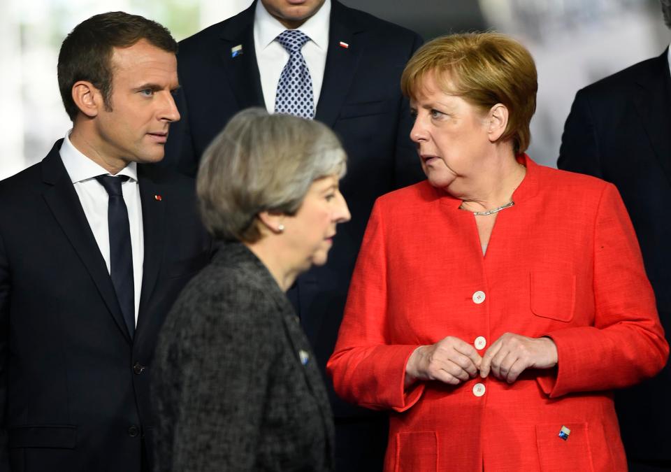  New French president Emmanuel Macron, left, will also be attending the summit for the first time, joining Mrs May, German chancellor Angela Merkel, right, and five other leaders