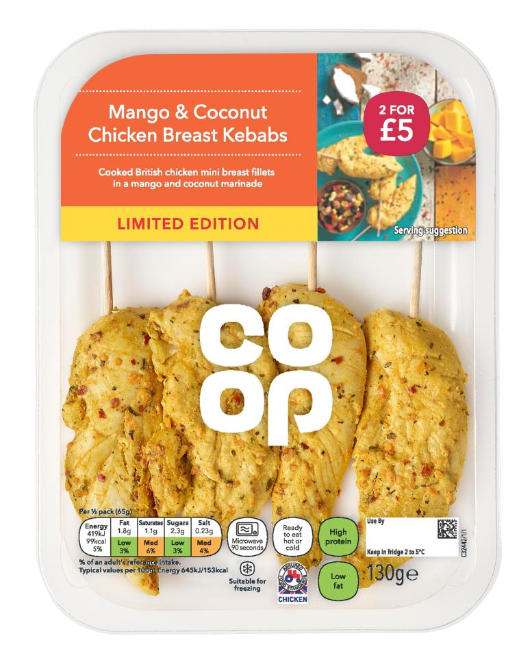  Mango & coconut chick Breast Kebabs are two for a fiver at co-op