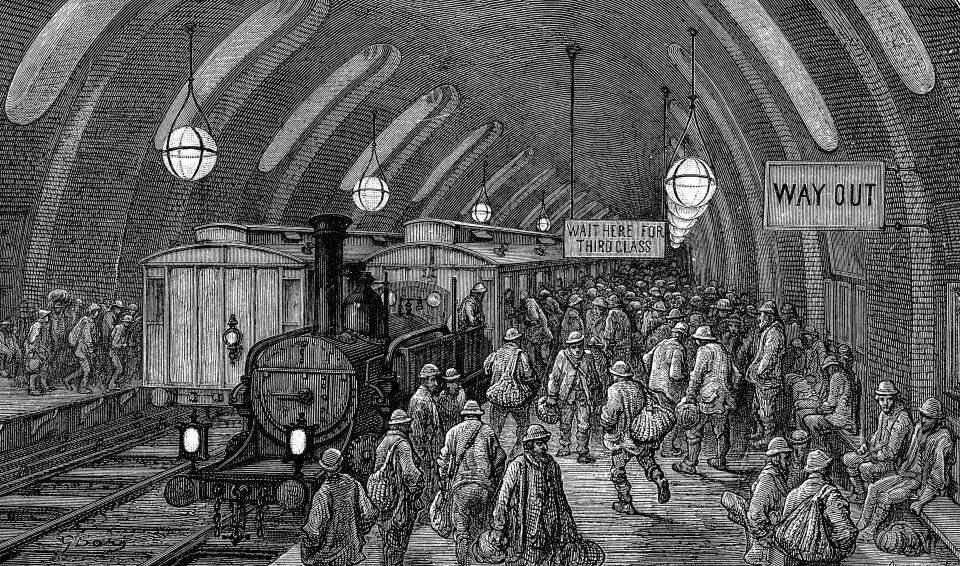  This picture shows steam trains at Gower Street station on the Metropolitan railway which opened in 1863. With workers hurrying to catch their morning train