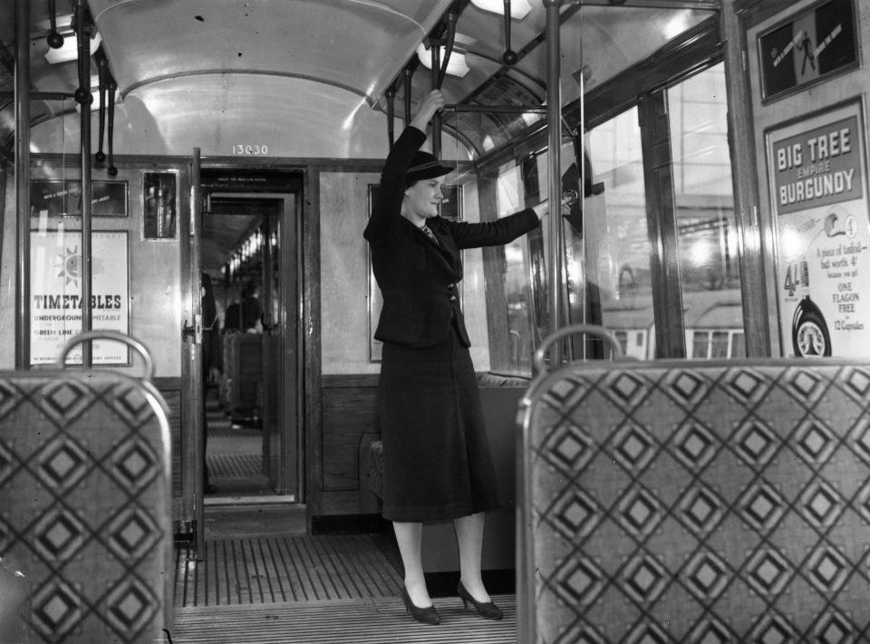  A woman in a 'new design' London Underground train in August 1937