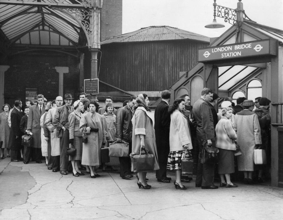  A queue at London Bridge underground station during a bus strike in 1958