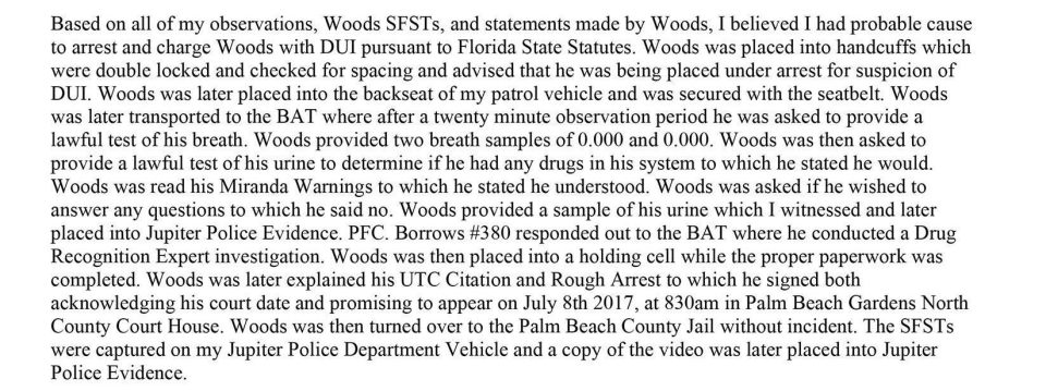  Breath tests showed Woods had no alcohol in his system