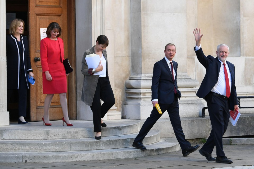 Home Secretary Amber Rudd, Plaid Cymru leader Leanne Wood, Green Party co-leader Caroline Lucas, Liberal Democrats leader Tim Farron and Labour leader Jeremy Corbyn arrive to take part in the BBC Election Debate