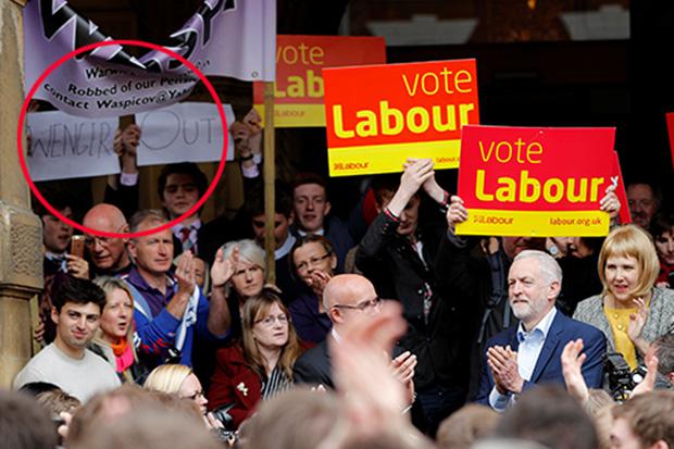 A 'Wenger Out' banner even made it to Leamington Spa as Labour leader Jeremy Corbyn gave a speech