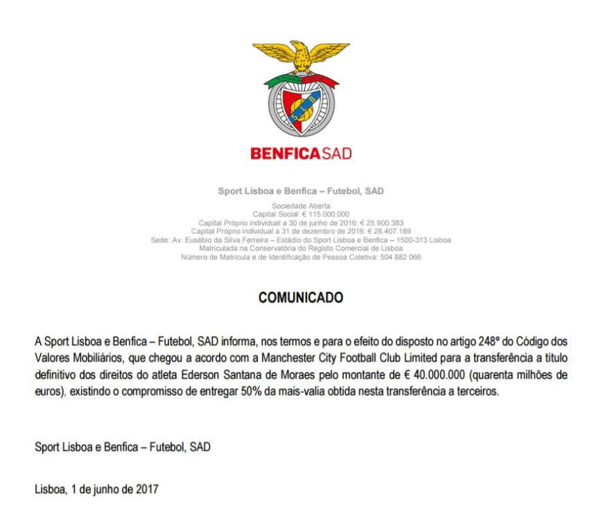  Benfica's statement confirming Ederson has reached a deal with Manchester City