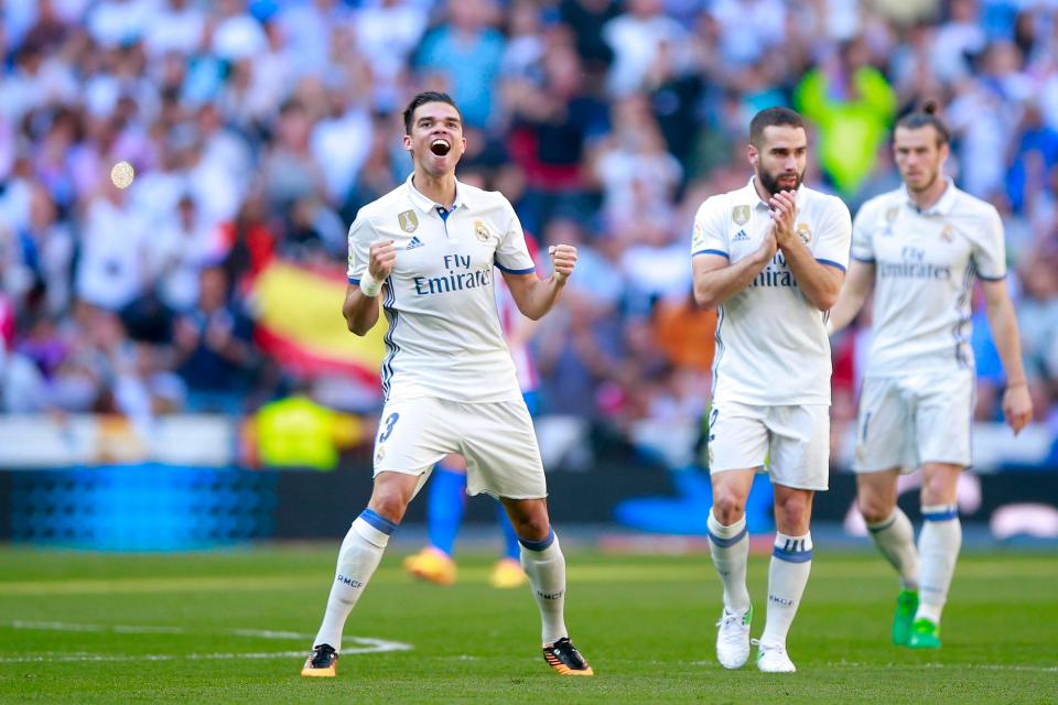  Pepe scored against Atletico Madrid before being taken off with ain injury in what will be his last game for Real Madrid