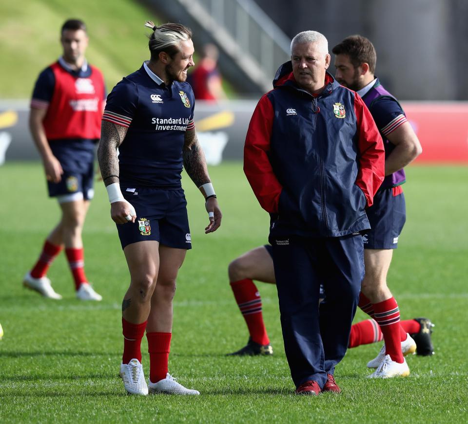  Warren Gatland chats to winger Jack Nowell as the Lions get ready to face the Blues in their tour of New Zealand