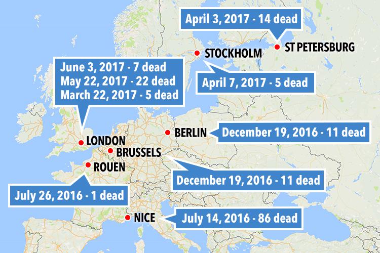  The location of terror attacks across Europe in the last 15 months