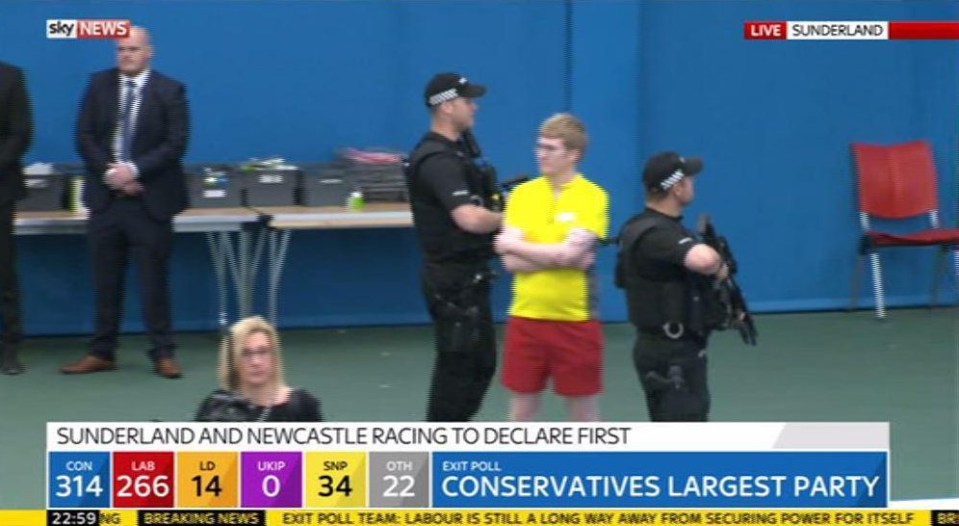 The hilarious moment came as armed police had been sent to patrol election counts across the country