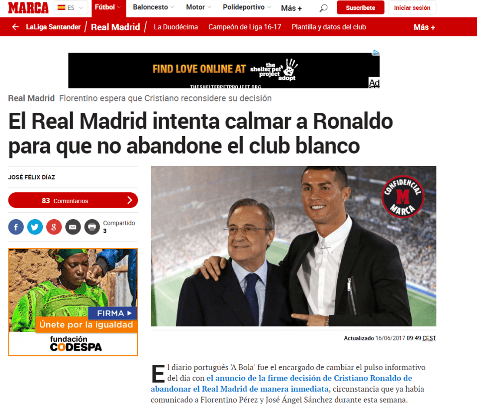  Marca claim Real Madrid are calm but aware Cristiano Ronaldo has made up his mind