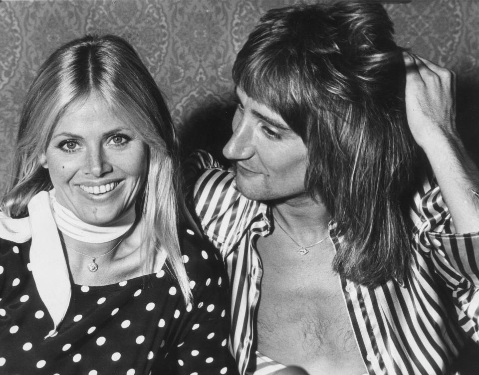 Rod Stewart with love interest, actress Britt Ekland, in 1975.