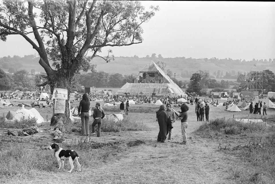  Another picture from the festival's second ever year shows a brand-new Pyramid stage built on a site above the Glastonbury-Stonehenge ley line