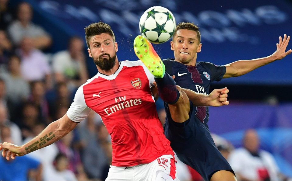 Marquinhos in Champions Leaguer action with Olivier Giroud