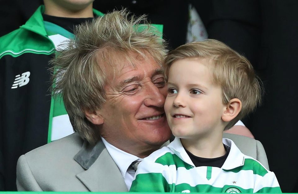  Rod Stewart and his son Aiden at the Ladbrokes Scottish Premiership match between Celtic and Rangers at Celtic Park