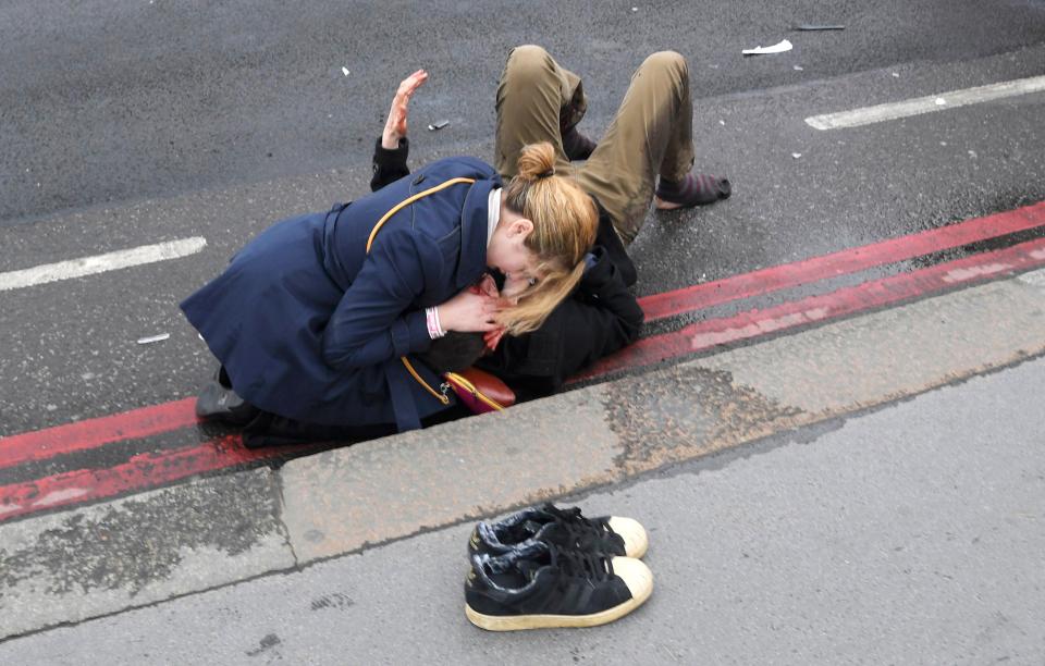 Mr and Mrs Lockwood are pictured at the scene of the Westminster terror attack 