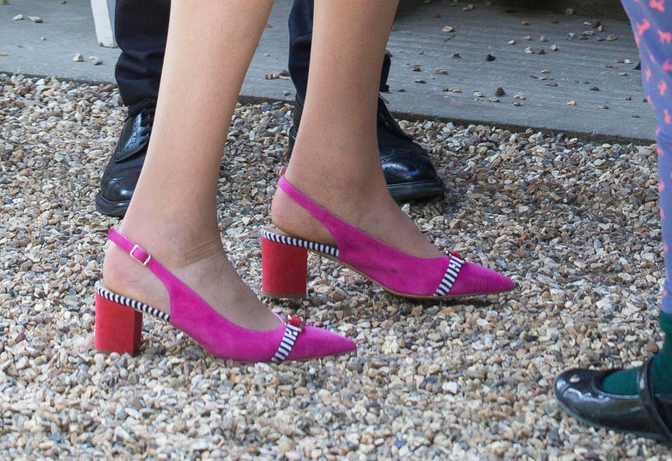  Mrs May's two-tone, block-heeled slingbacks with strip