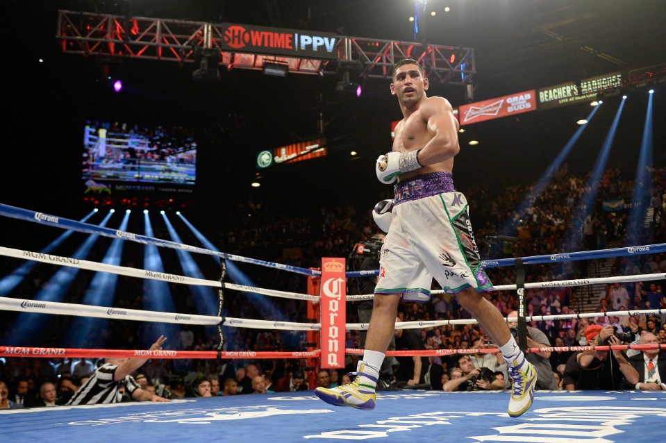 Amir Khan in the ring while taking on Luis Collazo during their welterweight bout at the MGM Grand Garden Arena