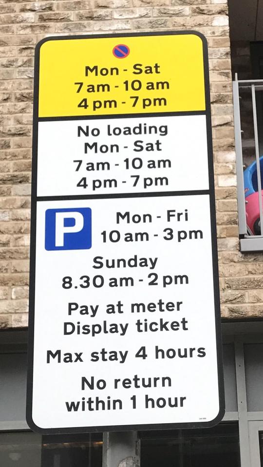  This sign on Bethnal Green Road in east London appears to say that parking is allowed between 3pm and 4pm on weekdays