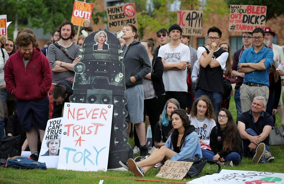 Crowd… Anti Tory mob were on site to greet Theresa May’s arrival