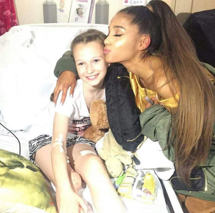  Heartwarming moment ... Ariana Grande surprised Jaden Farrell-Mann, 10, in hospital on Friday night