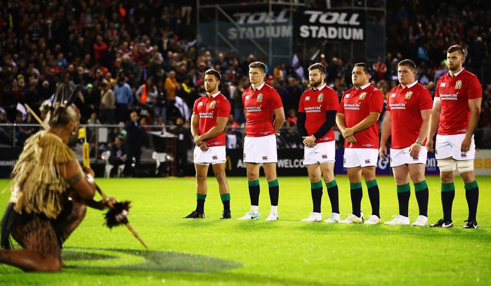 The Lions players line up for a Maori dance before kick-off