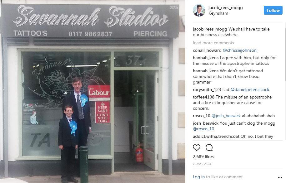  Jacob and his son pose for a pic outside a Labour-supporting tattoo parlour