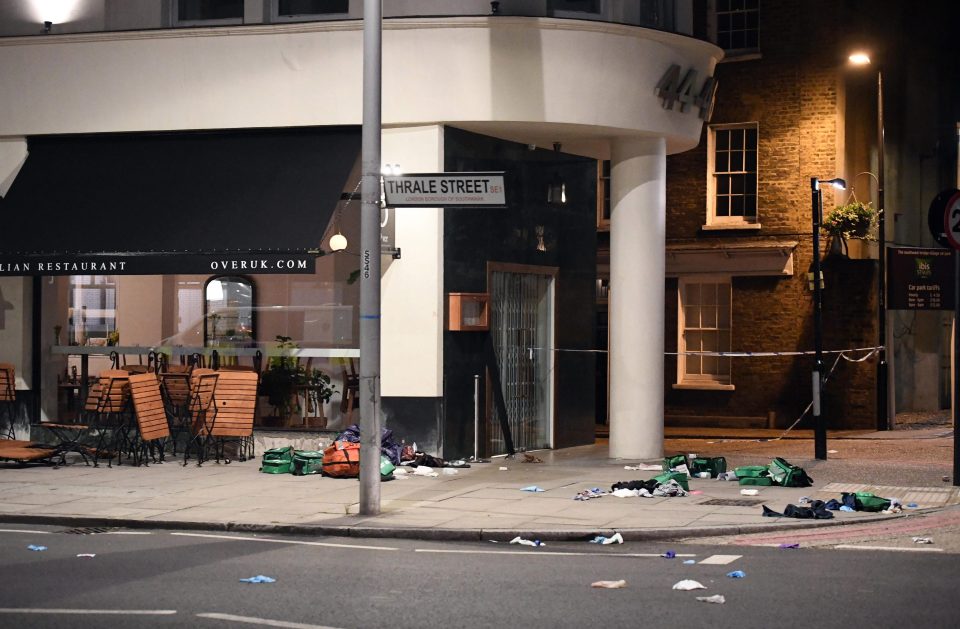  Medical kits are seen scattered outside a cafe around ten minutes walk west of Borough Market