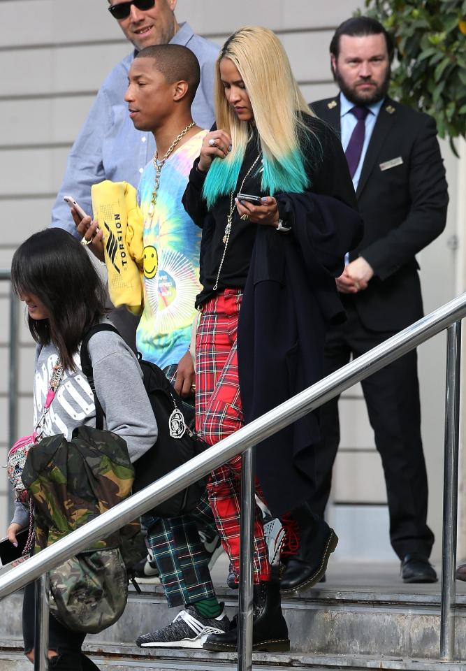 Pharrell Williams seen leaving the Lowry Hotel in Manchester to perform at the Ariana Grande Benefit gig