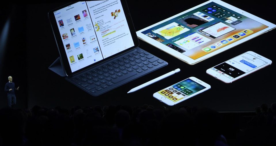  A view of the iPad Pro and smart keyboard, along with a pair of iPhones