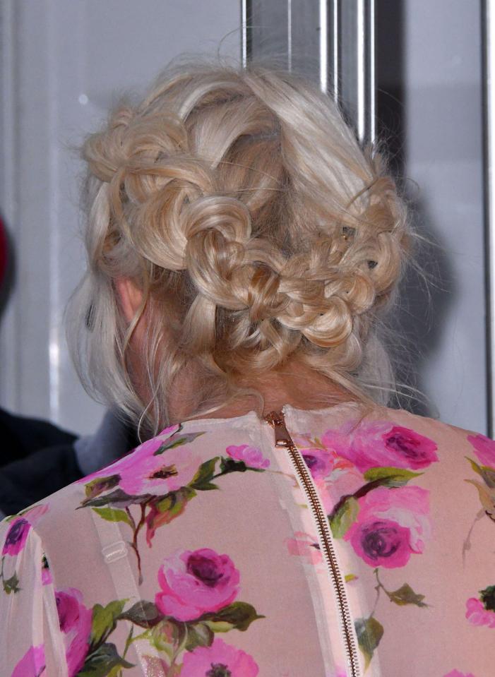  Holly's hair was styled into chunky French braids