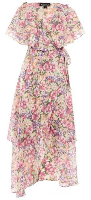  Topshop is selling a £59 garden floral print maxi dress that features a flattering wrap design