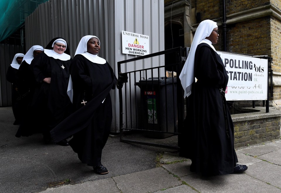 Nuns from the Tyburn Convent in central London cast their vote in Marble Arch