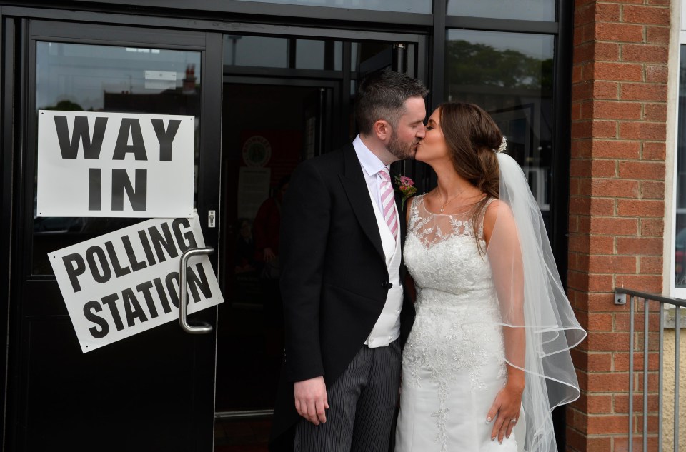 Sorcha Eastwood, 31, and Dale Shirlow, 34, kissed outside a polling station in their outfits