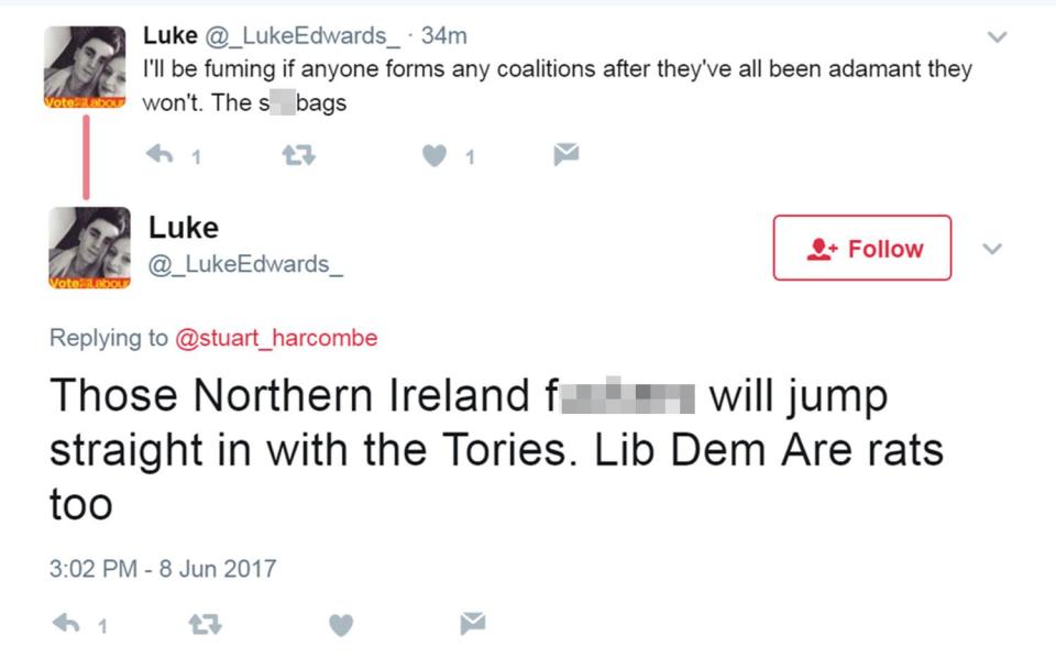  Vile Twitter rants on Northern Ireland appeared after an exit poll suggested a Tory coalition could occur