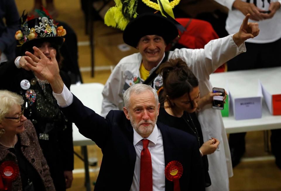 Labour party leader Jeremy Corbyn, waves after arriving at the count centre in Islington