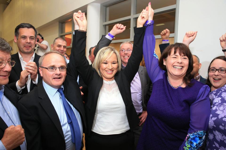  Sinn Fein's leader in Northern Ireland Michelle O'Neill, centre, celebrates after the party picked up two seats from the SDLP