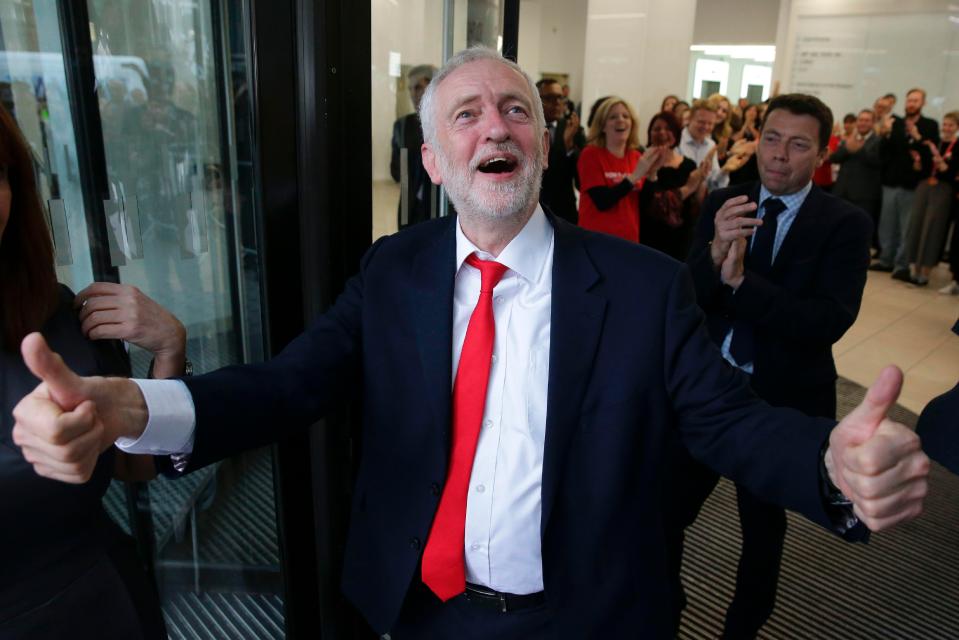  Jeremy Corbyn gives the thumbs up after a successful night for the Labour leader