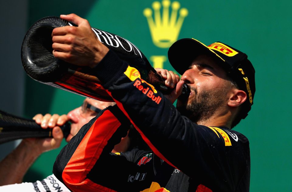 Daniel Ricciardo enjoys his boozy reward after finishing third in the Canada GP