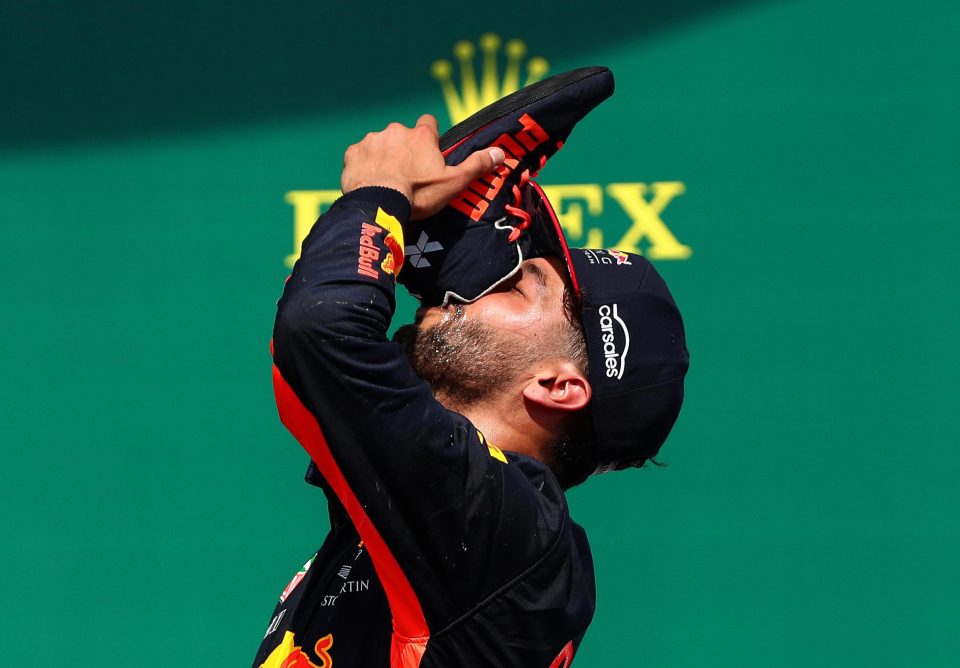  Daniel Ricciardo drinks champagne from his shoe when he finishes on the podium