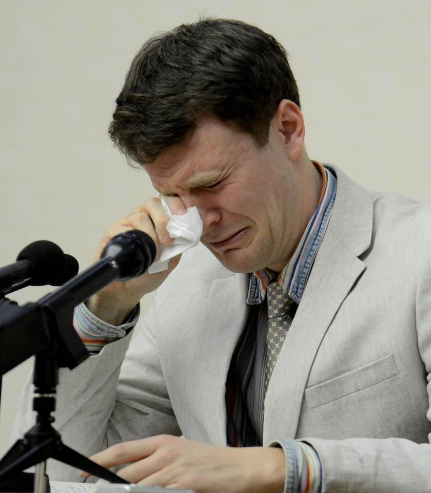  Otto crying during a press conference at the People's Palace of Culture in Pyongyang, North Korea