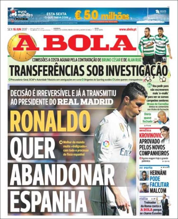  A Bola front page first broke story of Cristiano Ronaldo leaving Real Madrid