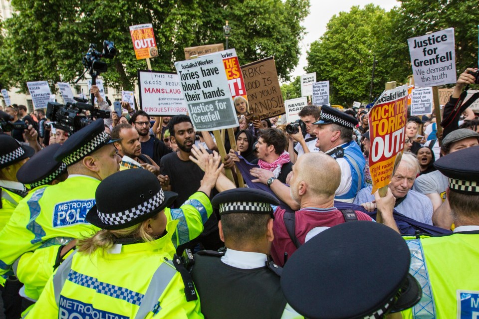 Police broke up a scuffle at the demonstration outside Downing Street today