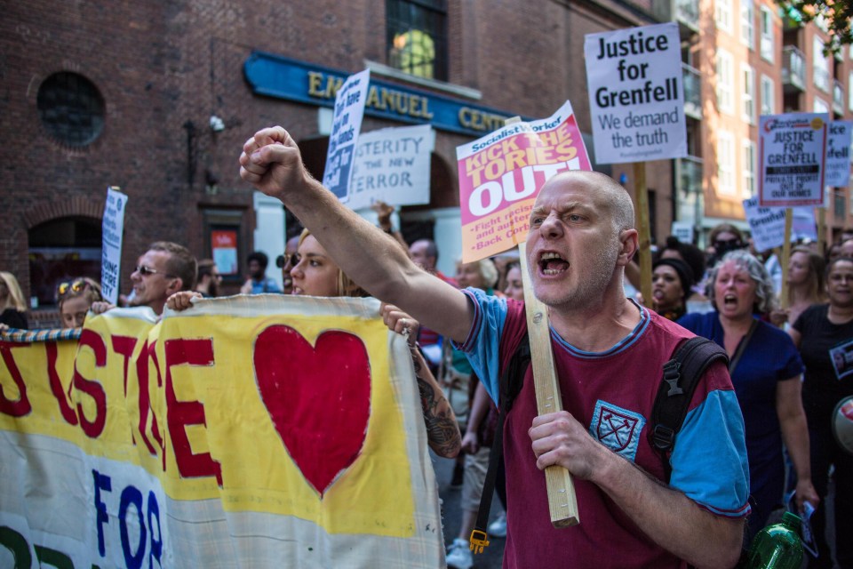 Angry protesters marched down Whitehall to Downing Street demanding justice for those affected by the Grenfell Tower fire