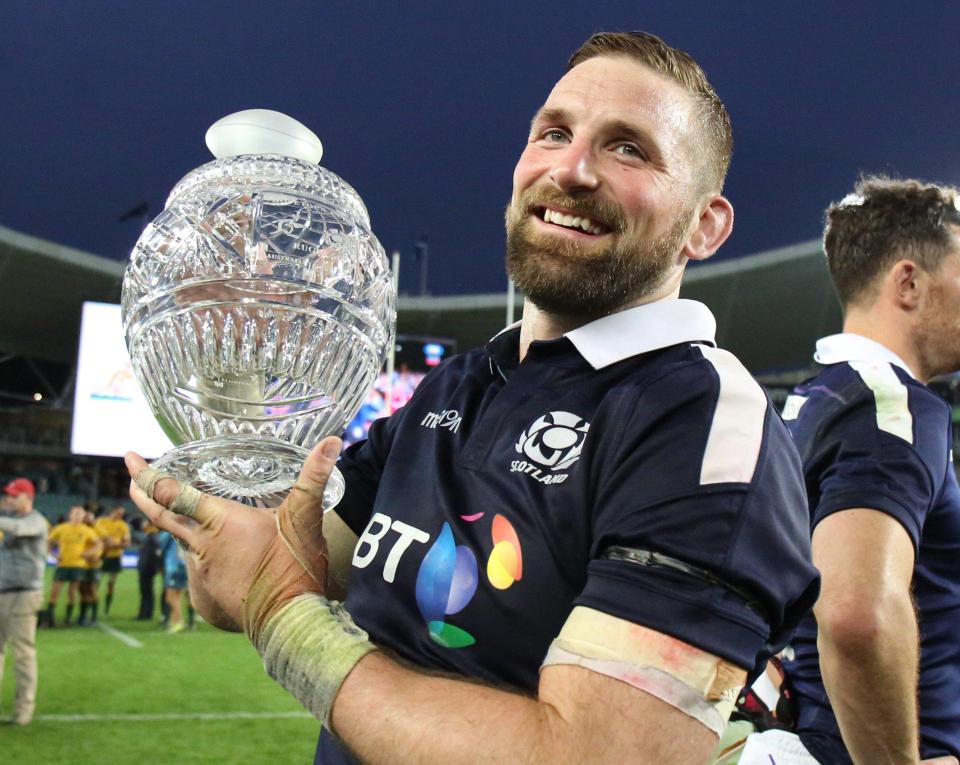  Scotland skipper John Barclay holds the Hopetoun Cup which has been up for grabs in Tests between the two countries since 1998