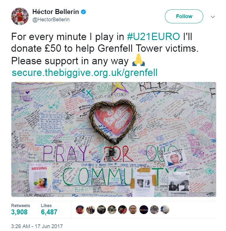 Bellerin pledged to help out the Grenfell victims on twitter