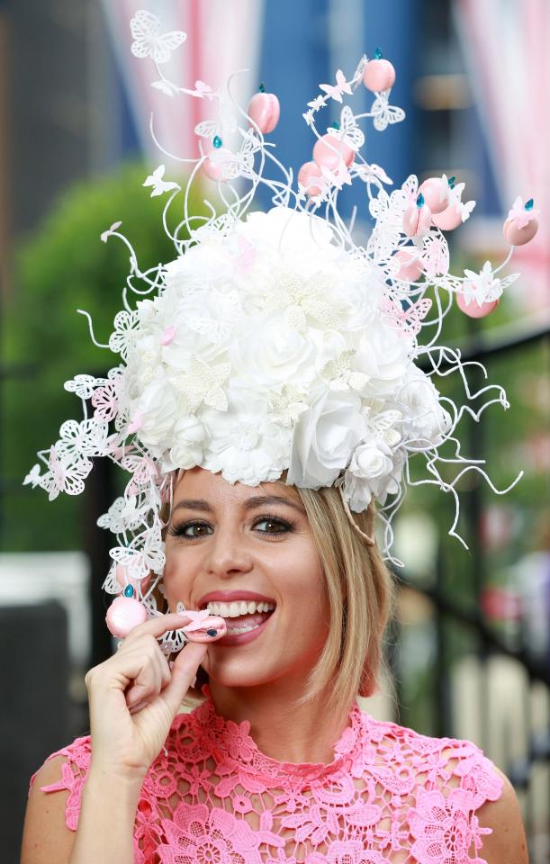  Bookmaker Coral commissioned award-winning pastry chef Cherish Finden to create a show-stopping hat that tastes as good as it looks and is covered in mini cakes (pictured)