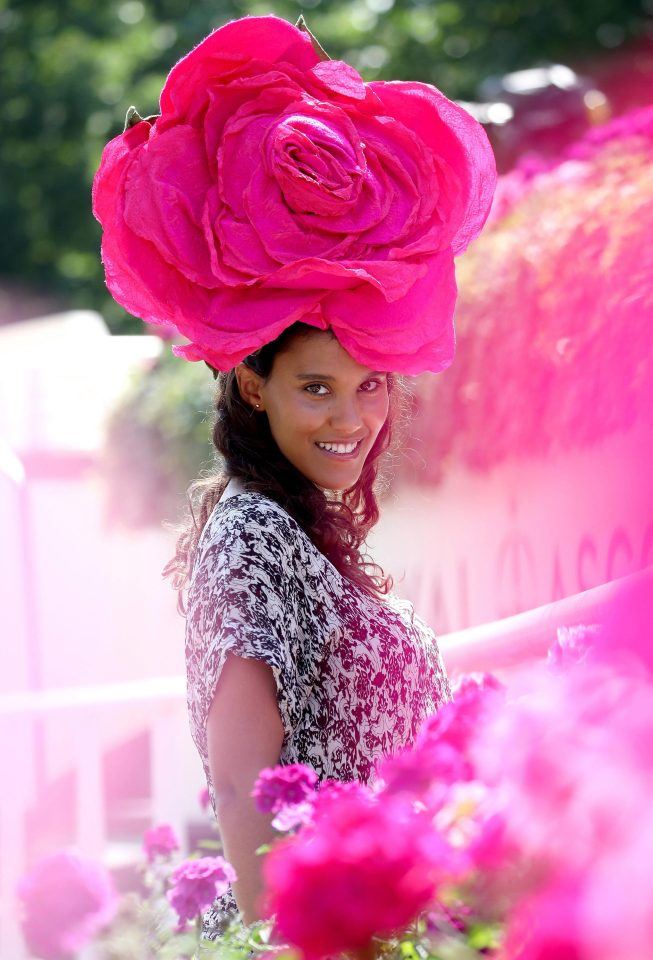  TV presenter Layla Romic wowed in a giant pink flower hat - and posed for photographers in Ascot's gorgeous pink rose garden