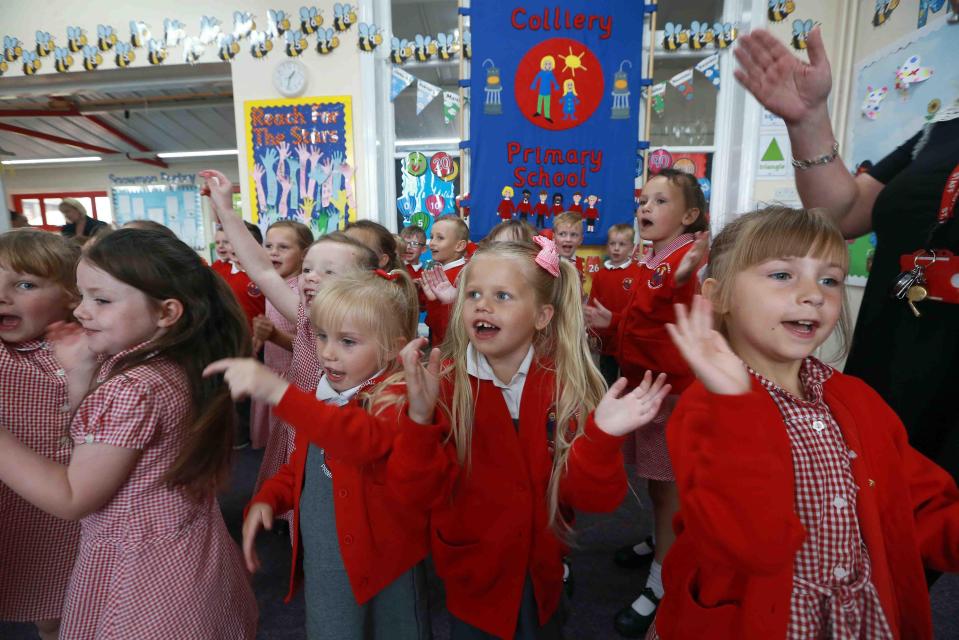  Year 1 pupils at Bradley's school in Blackhall Colliery, County Durham, performed his new song Smile